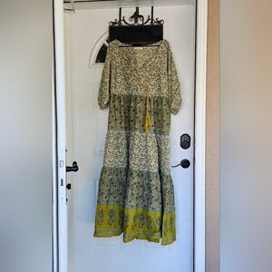 Natural Life Dress Womens Sz M Maxi Green Floral Cotton Tiered Auguste Boho